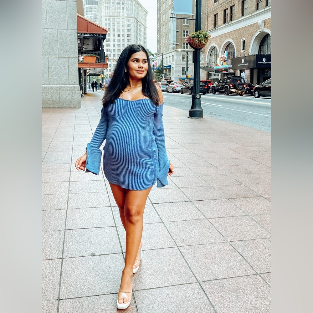 Maternity Blue Knit Contrast Corset Detail Dress